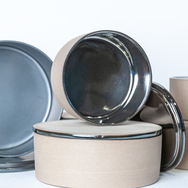 Utilità Bowls Undercover in Metallic Black and Platinum, lidded stoneware bowls, J Schatz