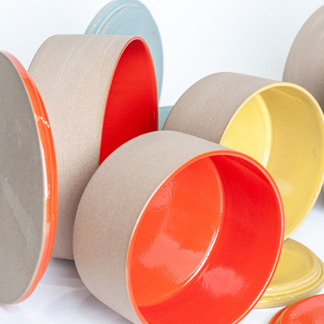 Utilità Bowls Undercover in Sumac Red, Goldenrod Yellow and Light Aqua, lidded stoneware bowls, J Schatz