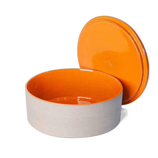 Large Fire Orange Utilità Bowl Undercover with lid off, glazed stoneware, J Schatz