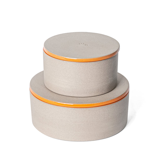 Fire Orange Utilità Bowls Undercover, small and large, lidded stoneware bowls, J Schatz