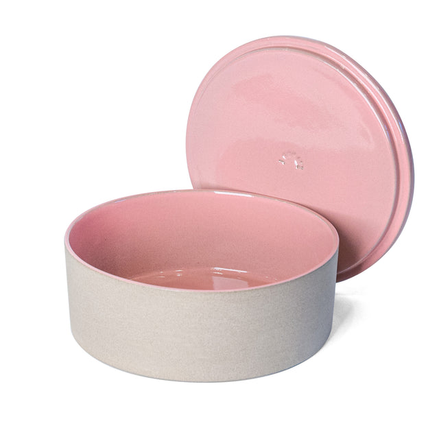 Large Pink Utilità Bowl Undercover with lid off, glazed stoneware, J Schatz