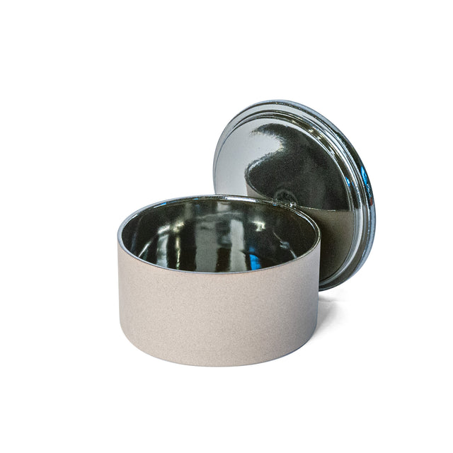 Small Platinum Utilità Bowl Undercover with lid off, glazed stoneware, J Schatz