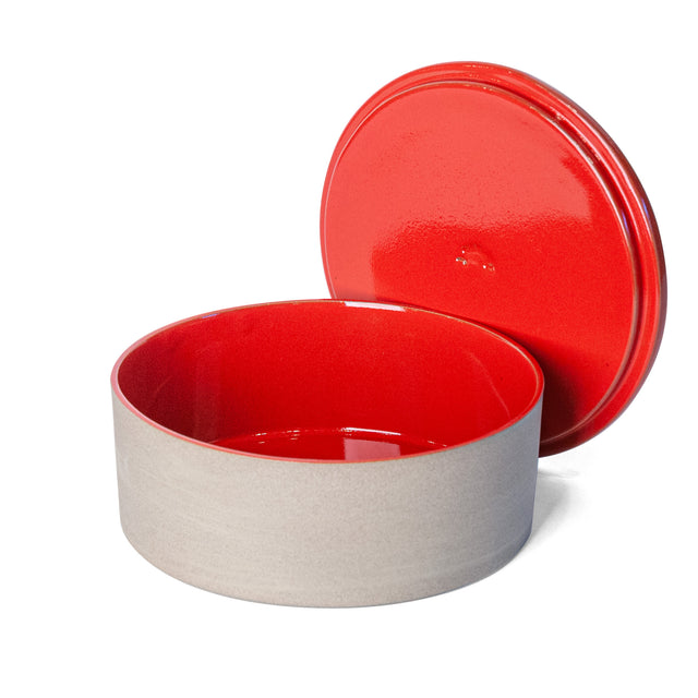 Large Sumac Red Utilità Bowl Undercover with lid off, glazed stoneware, J Schatz