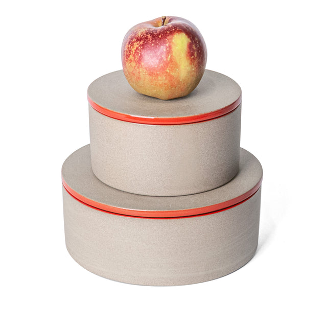 Sumac Red Utilità Bowls Undercover, small and large, lidded stoneware bowls, J Schatz