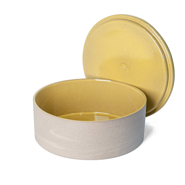 Large Goldenrod Yellow Utilità Bowl Undercover with lid off, glazed stoneware, J Schatz
